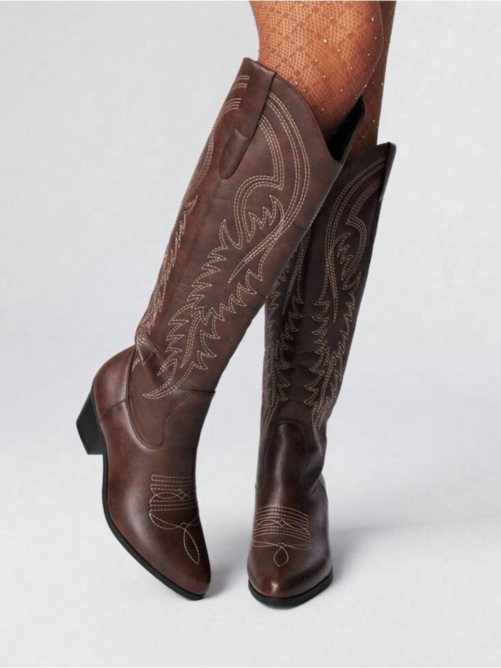 ROMWE Brown Embroidered Knee-High Western Boots